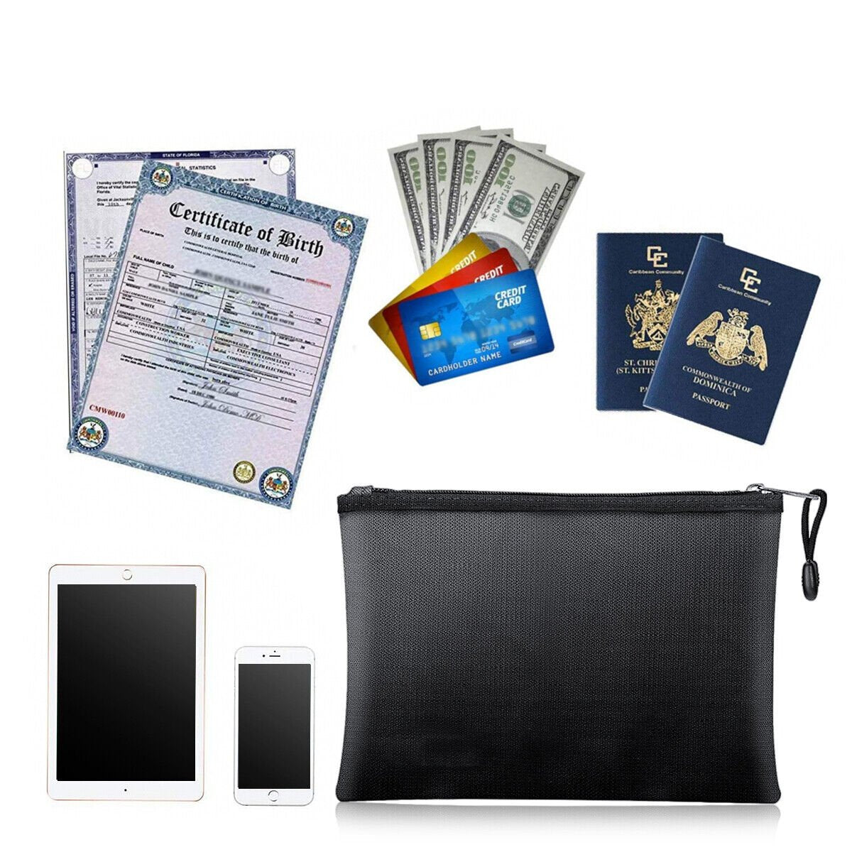 Fireproof & Water Resistant Document Bag – Money & File Safe Storage Pouch