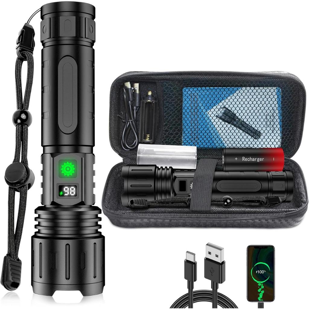 Ultra-Bright Rechargeable LED Torch - High Lumen Waterproof Flashlight with Power Bank Function for Camping and Outdoor Use
