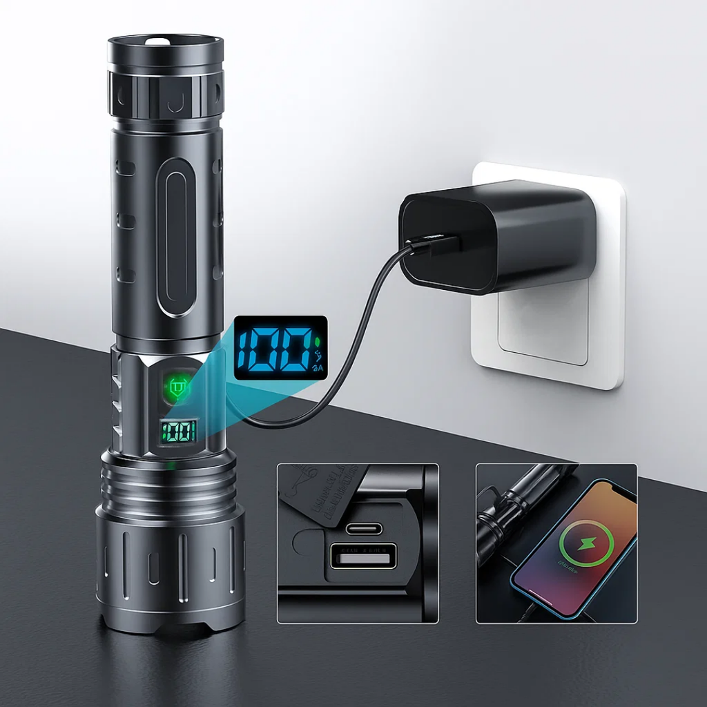 Ultra-Bright Rechargeable LED Torch - High Lumen Waterproof Flashlight with Power Bank Function for Camping and Outdoor Use