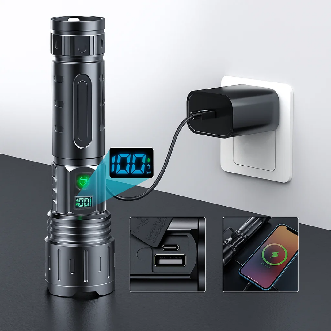 Ultra-Bright Rechargeable LED Torch - High Lumen Waterproof Flashlight with Power Bank Function for Camping and Outdoor Use
