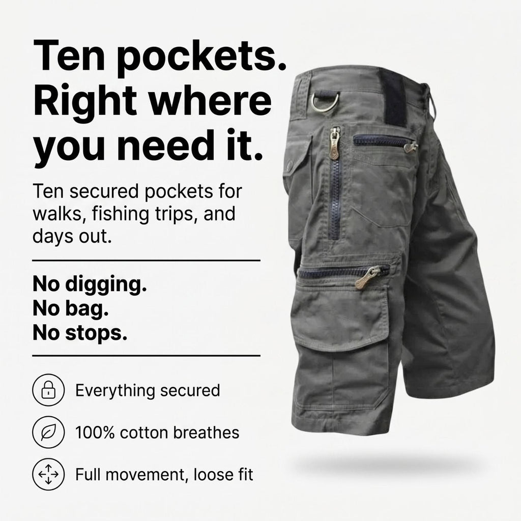 Men's Outdoor Cargo Shorts - 10 Pocket Cotton - Hiking & Fishing Shorts
