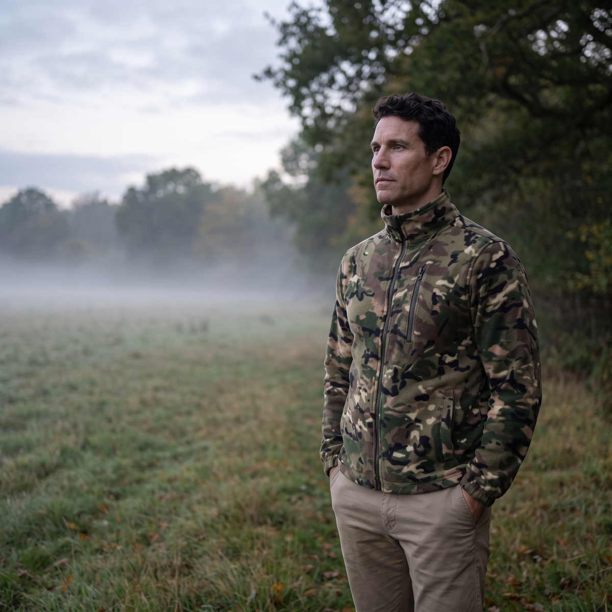 Men's Camo Fleece Jacket – Full Zip Stand Collar Outdoor Fleece