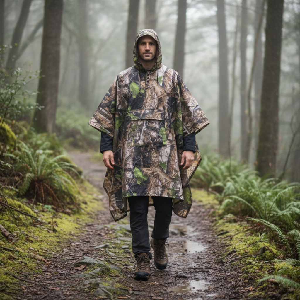 Camouflage Rain Poncho – Lightweight Waterproof Hooded Outdoor Poncho for Hiking & Fishing
