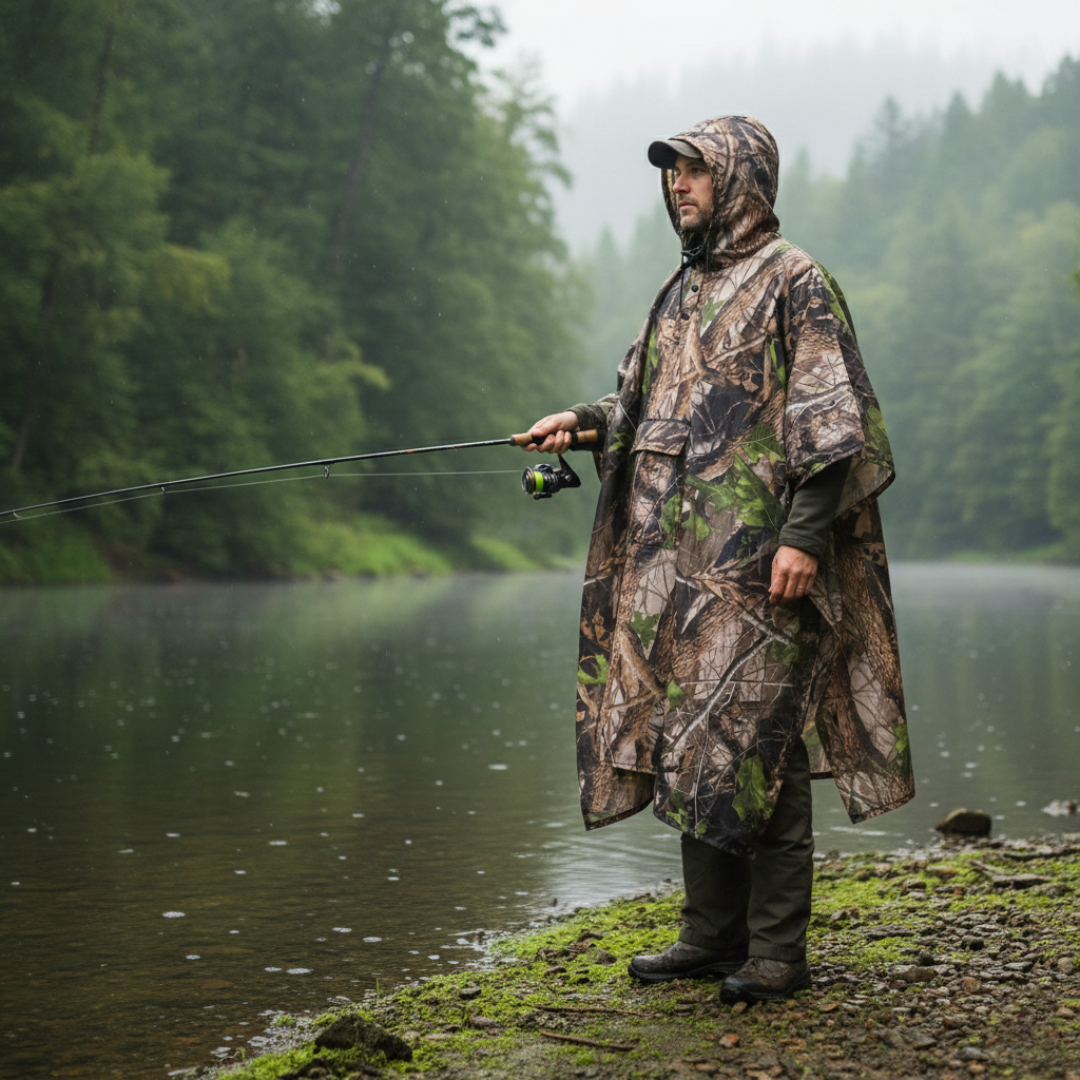 Camouflage Rain Poncho – Lightweight Waterproof Hooded Outdoor Poncho for Hiking & Fishing