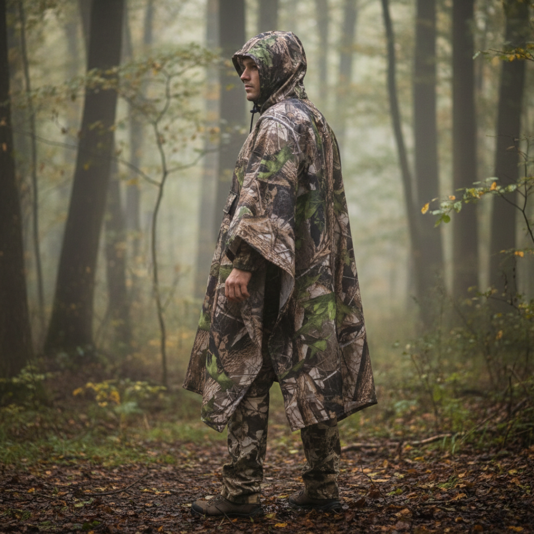 Camouflage Rain Poncho – Lightweight Waterproof Hooded Outdoor Poncho for Hiking & Fishing