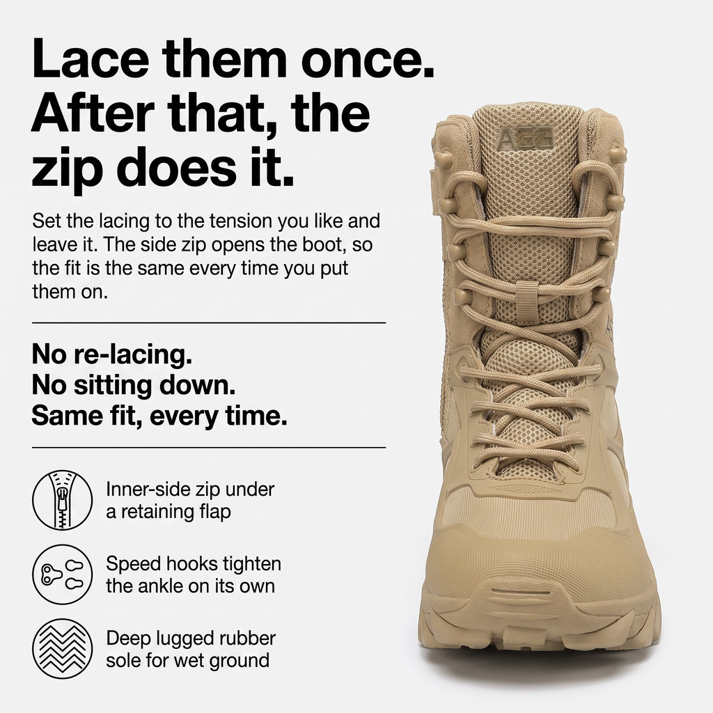 Men's Walking Boots - Side Zip Lace-Up Hiking Boots with Grip Sole