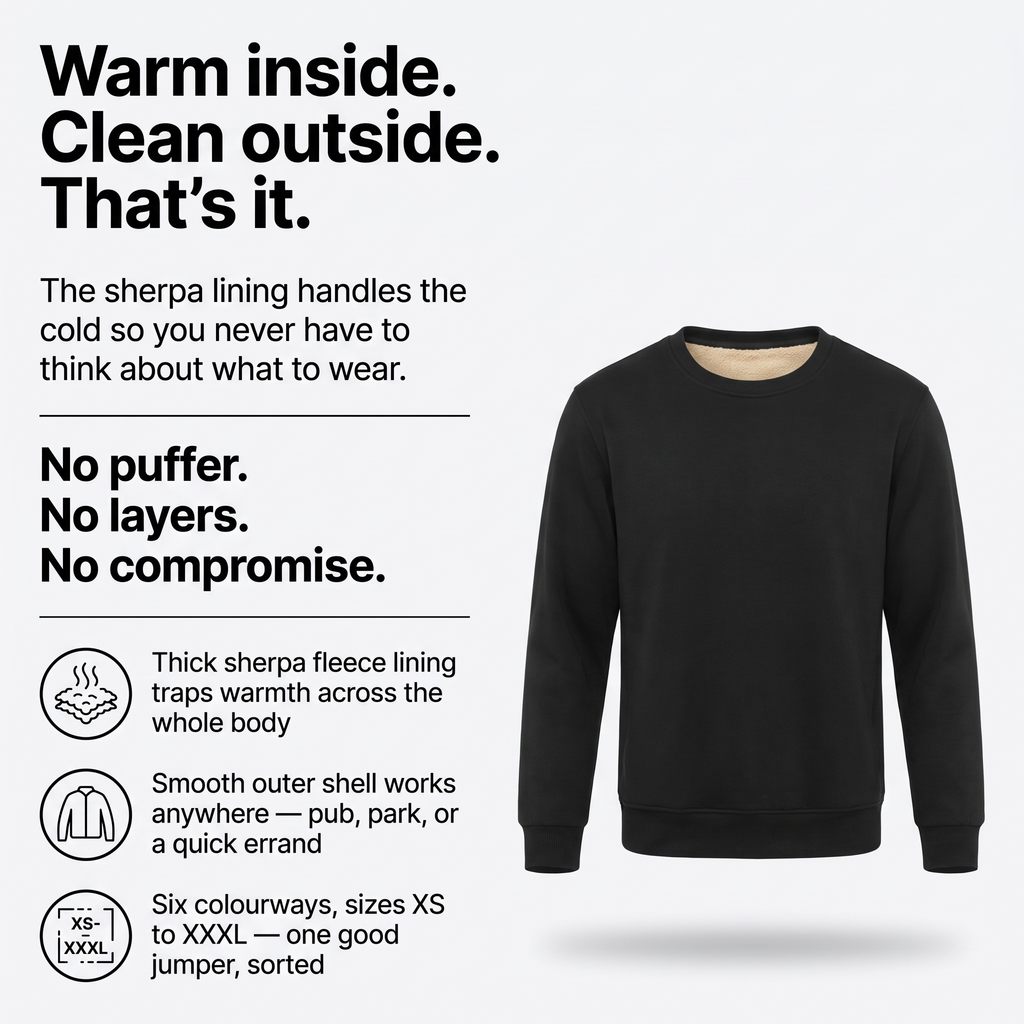 Men's Crew Neck Jumper - Sherpa Lined Fleece Interior - Warm Winter Top