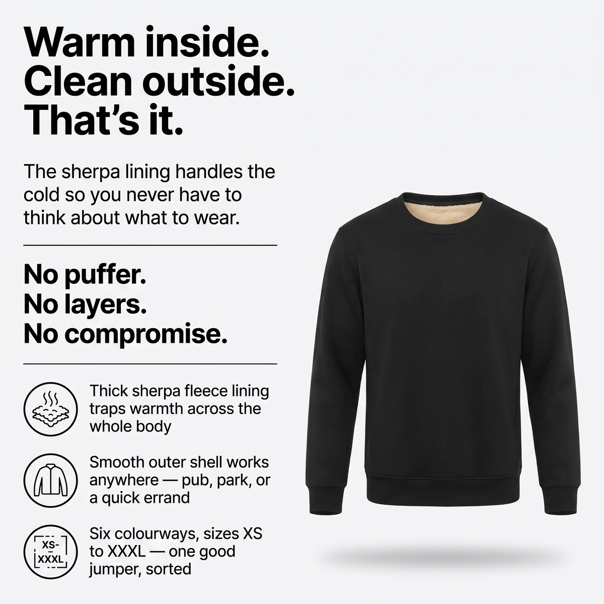 Men's Crew Neck Jumper - Sherpa Lined Fleece Interior - Warm Winter Top