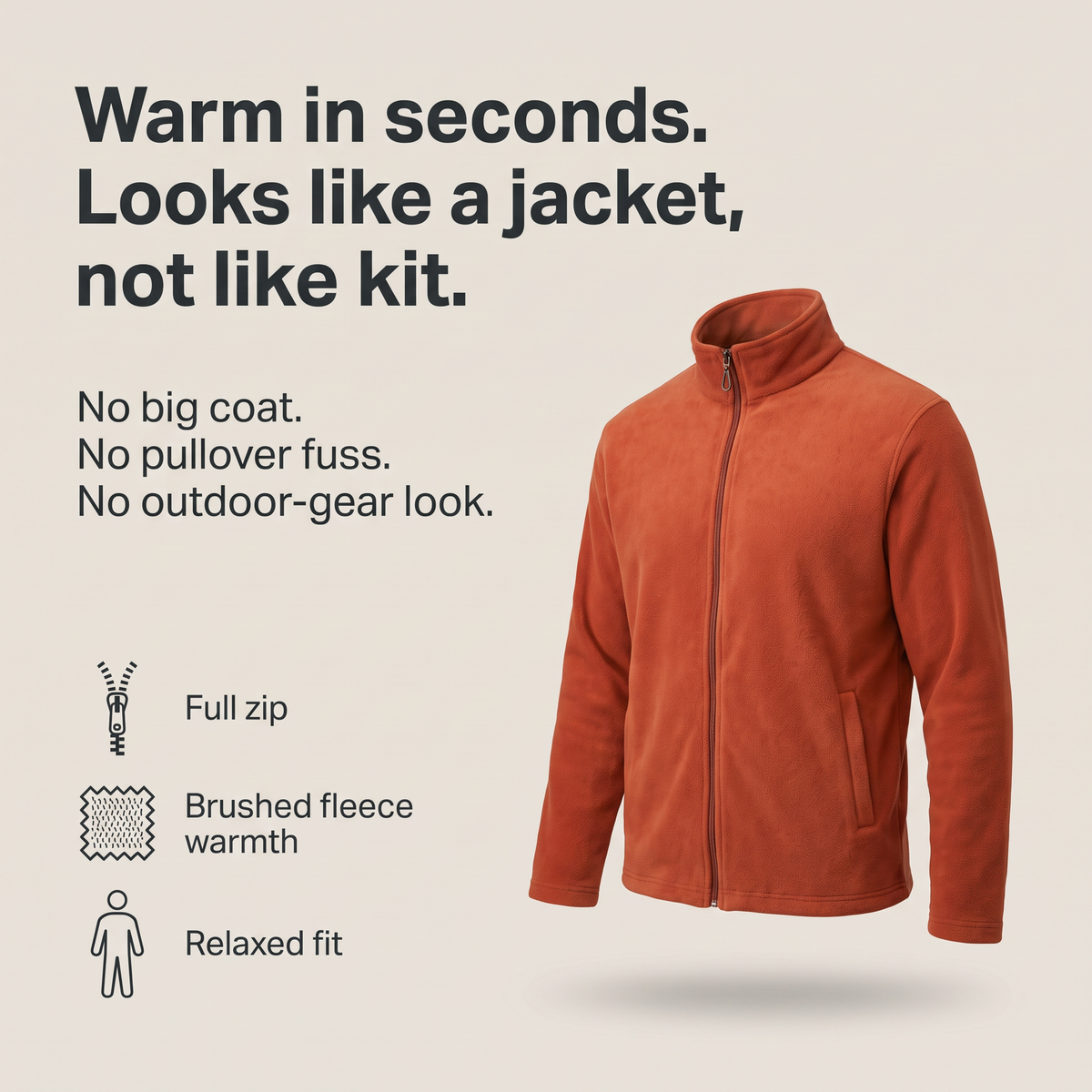 Men's Fleece Jacket - Full-Zip Relaxed Fit - Soft Brushed Fleece