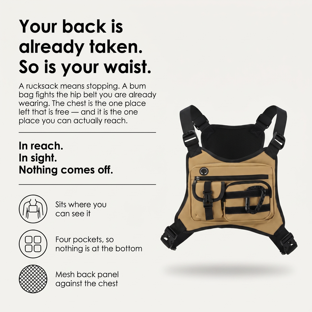 Men's Chest Bag - Multi-Pocket Chest Rig for Hiking and Dog Walking