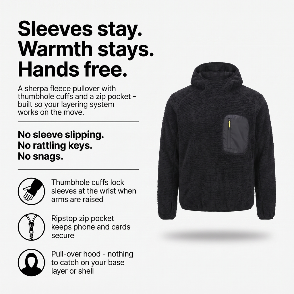 Fleece Hoodie - Sherpa Pullover - Hooded Midlayer with Zip Pocket