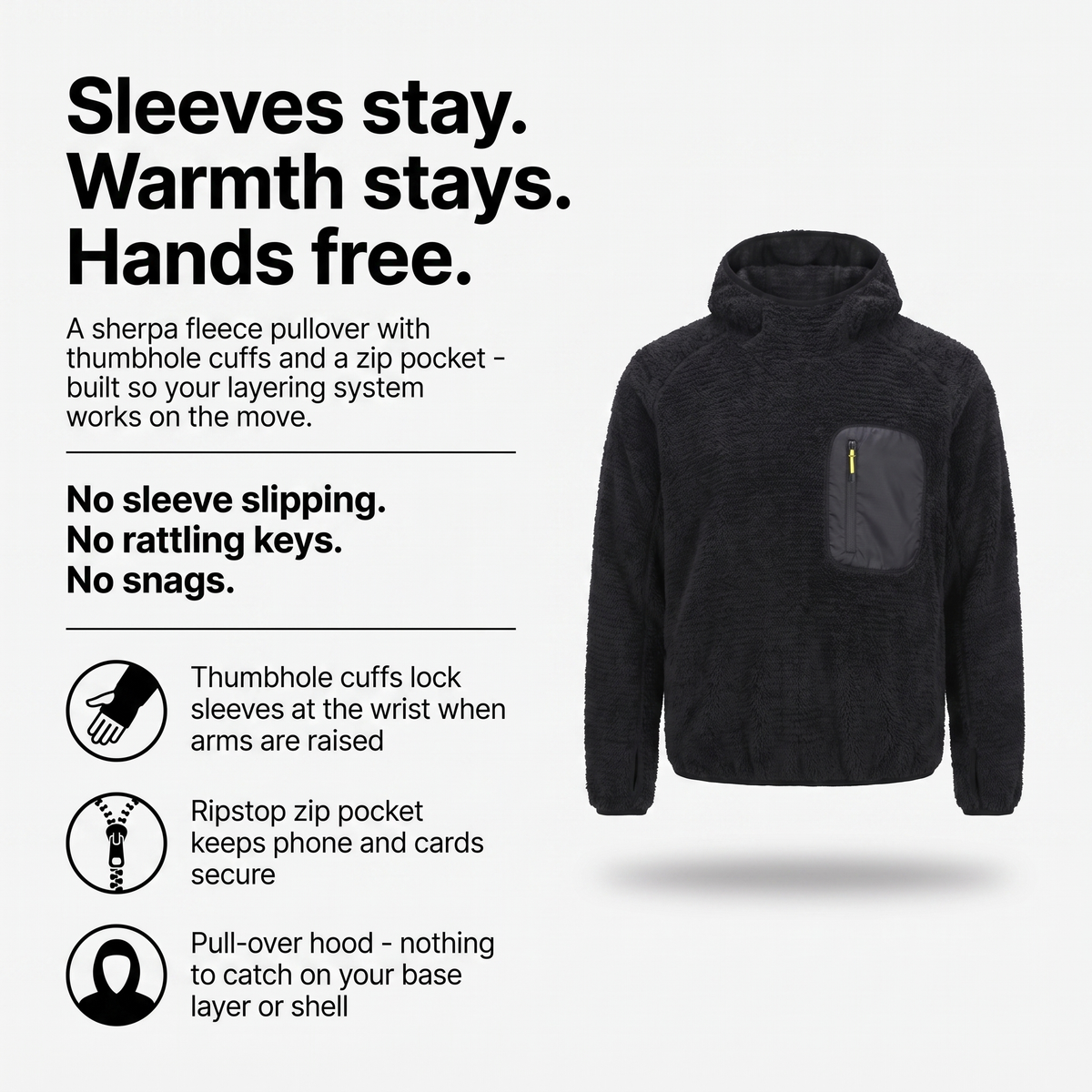 Fleece Hoodie - Sherpa Pullover - Hooded Midlayer with Zip Pocket