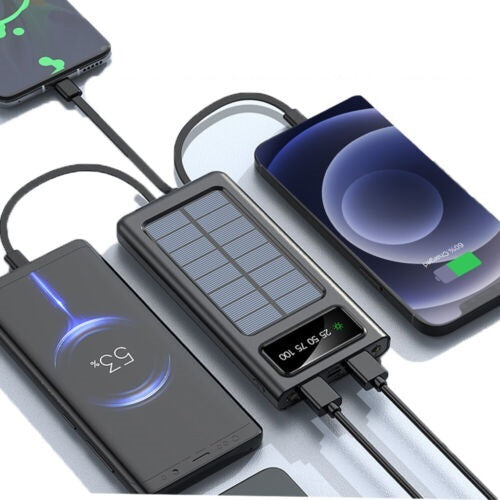 Super 30000mAh Solar Power Bank – Portable Waterproof Charger with 4 USB Ports & Built-In Cables