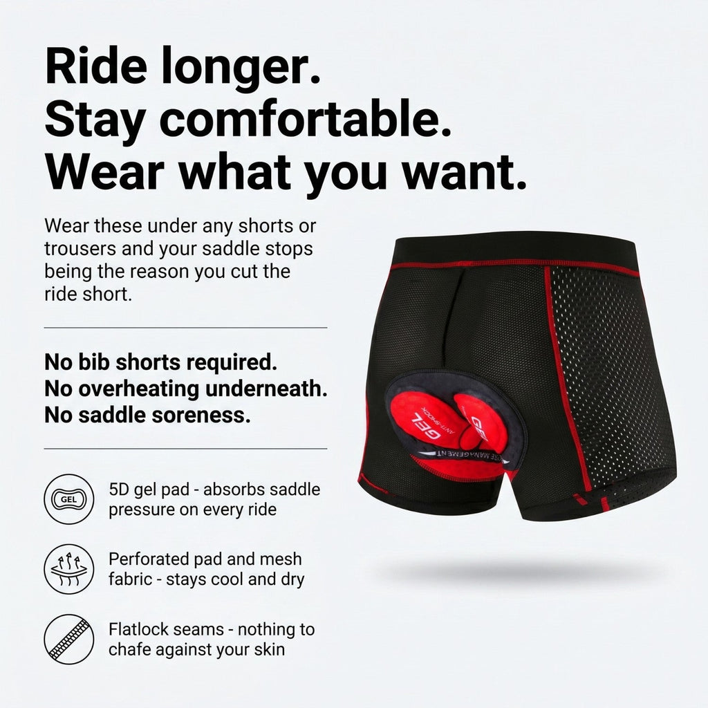 Men's Padded Cycling Undershorts - 5D Gel Pad Support - Breathable Cycling Underwear