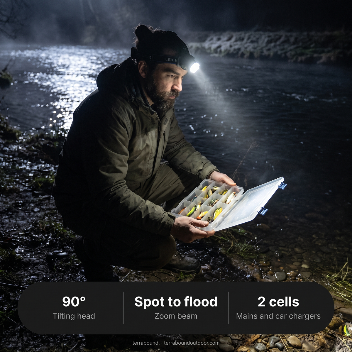 Head Torch - Rechargeable Tilting Zoom Beam - LED Headlamp for Fishing