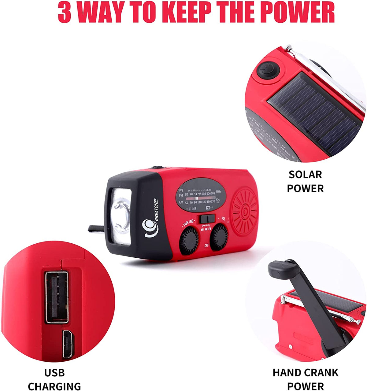 Portable Emergency Solar Radio with Hand Crank, NOAA Weather Alerts, LED Flashlight & 1000mAh Power Bank