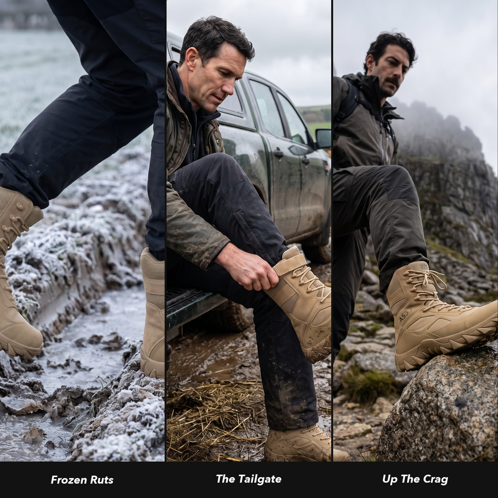 Men's Walking Boots - Side Zip Lace-Up Hiking Boots with Grip Sole