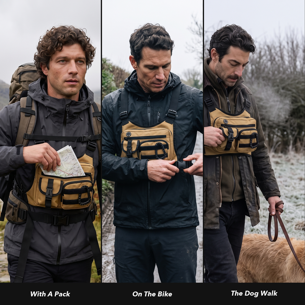 Men's Chest Bag - Multi-Pocket Chest Rig for Hiking and Dog Walking
