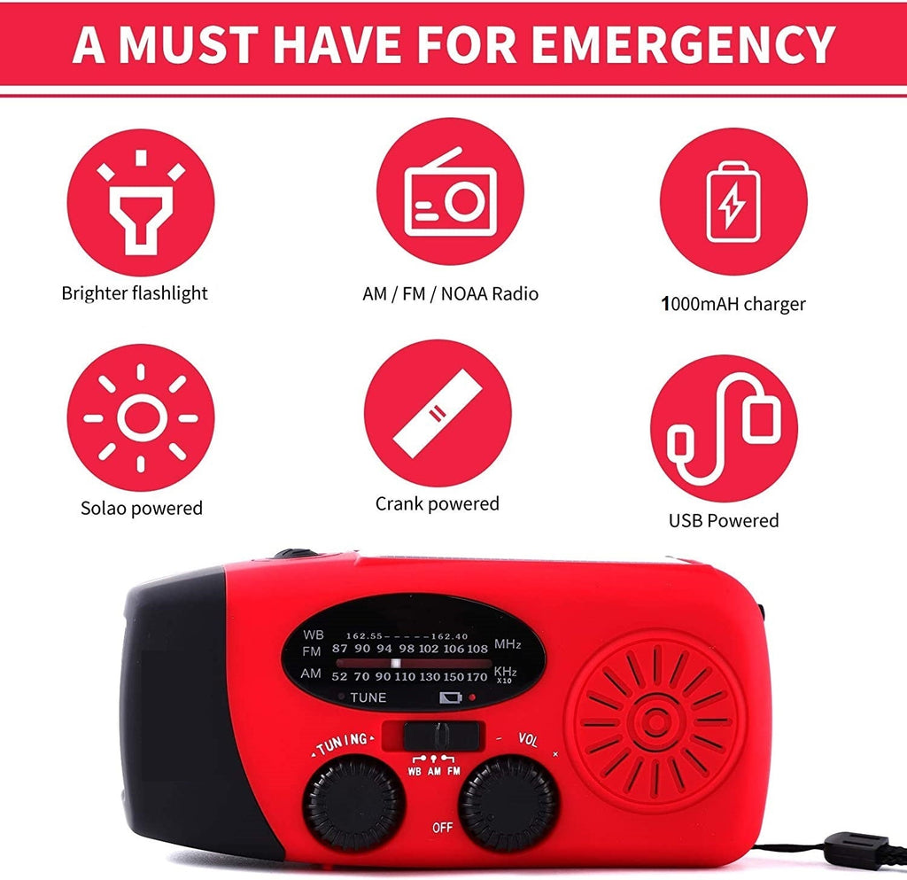 Portable Emergency Solar Radio with Hand Crank, NOAA Weather Alerts, LED Flashlight & 1000mAh Power Bank