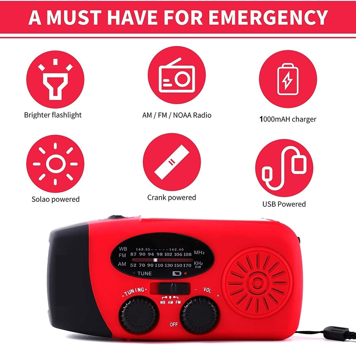 Portable Emergency Solar Radio with Hand Crank, NOAA Weather Alerts, LED Flashlight & 1000mAh Power Bank