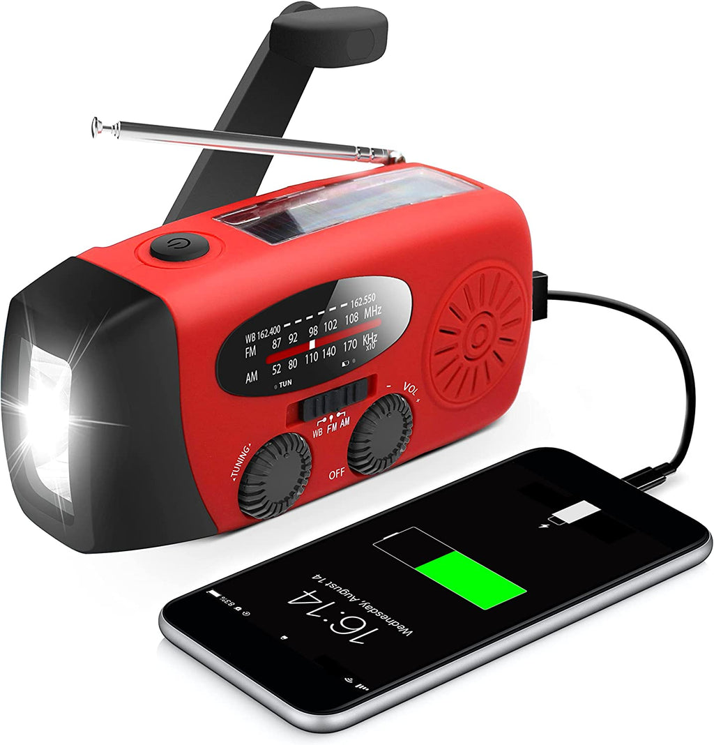 Portable Emergency Solar Radio with Hand Crank, NOAA Weather Alerts, LED Flashlight & 1000mAh Power Bank