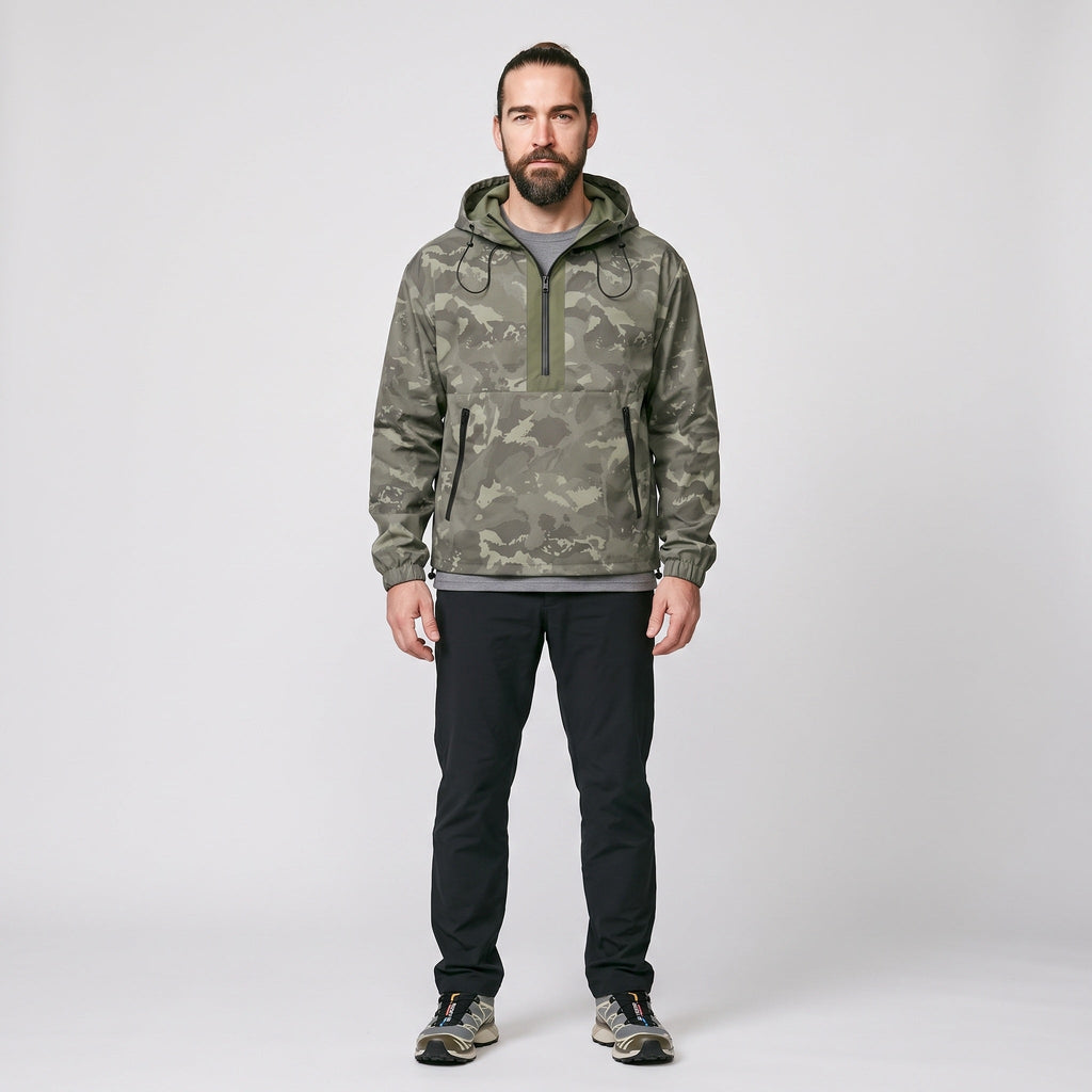 Men's Camo Windbreaker Jacket - Lightweight Hooded Anorak - Half-Zip