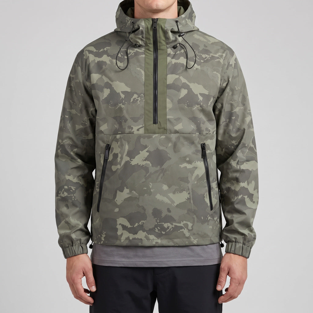 Men's Camo Windbreaker Jacket - Lightweight Hooded Anorak - Half-Zip