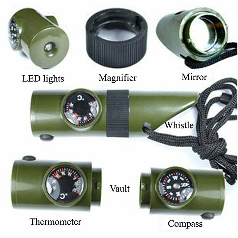 7-in-1 Emergency Survival Whistle – Multifunction Outdoor Survival Tool with Compass, LED, and Storage