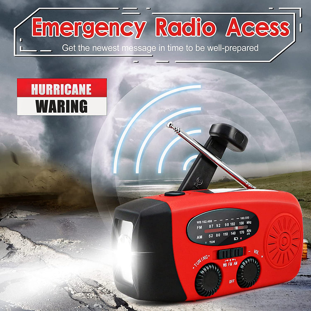Portable Emergency Solar Radio with Hand Crank, NOAA Weather Alerts, LED Flashlight & 1000mAh Power Bank