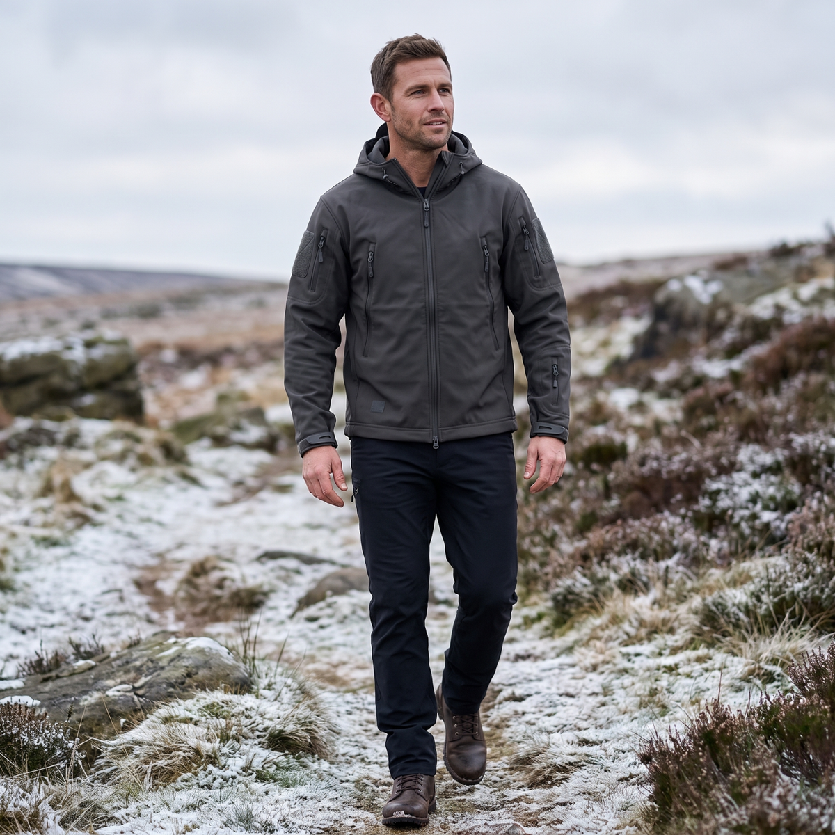 Mens Softshell Jacket – Fleece Lined Hooded Military Style Coat with Zip Pockets