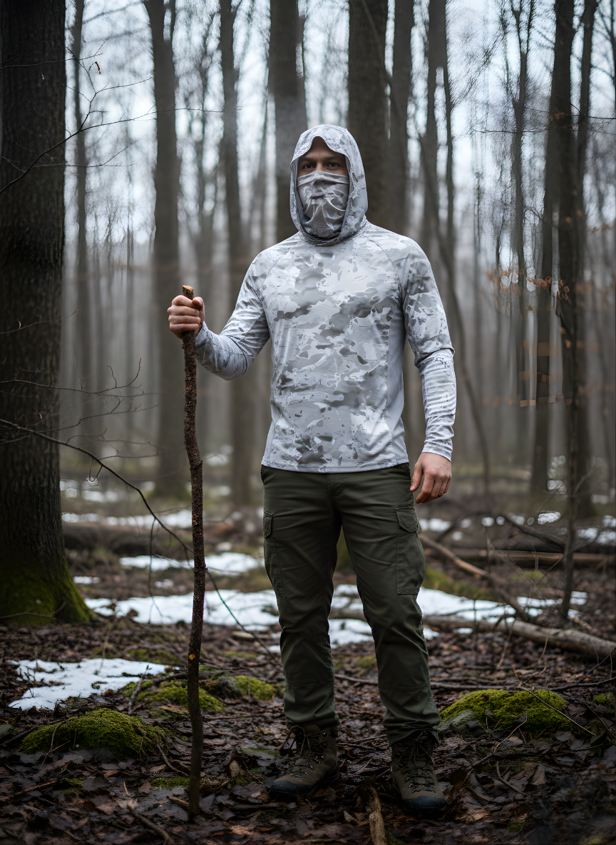 Camouflage Hooded Performance Shirt – Long-Sleeve Outdoor Layer with Face Cover