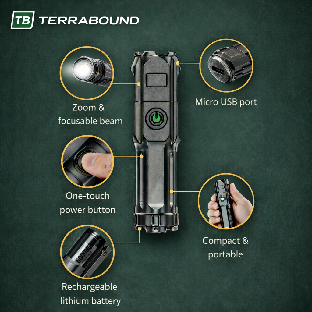 Portable Zoom Torch with Focusable Beam – Compact & Rechargeable Flashlight