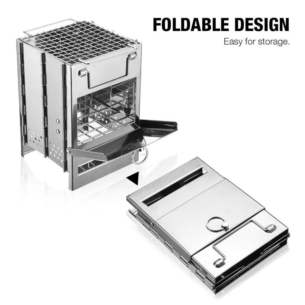 Portable Stainless Steel Wood Burning Camping Stove – Folding Picnic & BBQ Grill (Compact & Lightweight)