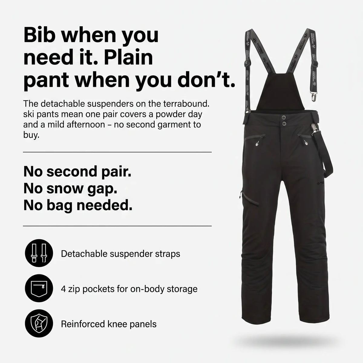 Men's Ski Trousers - Detachable Bib - Insulated Windproof Snowsports