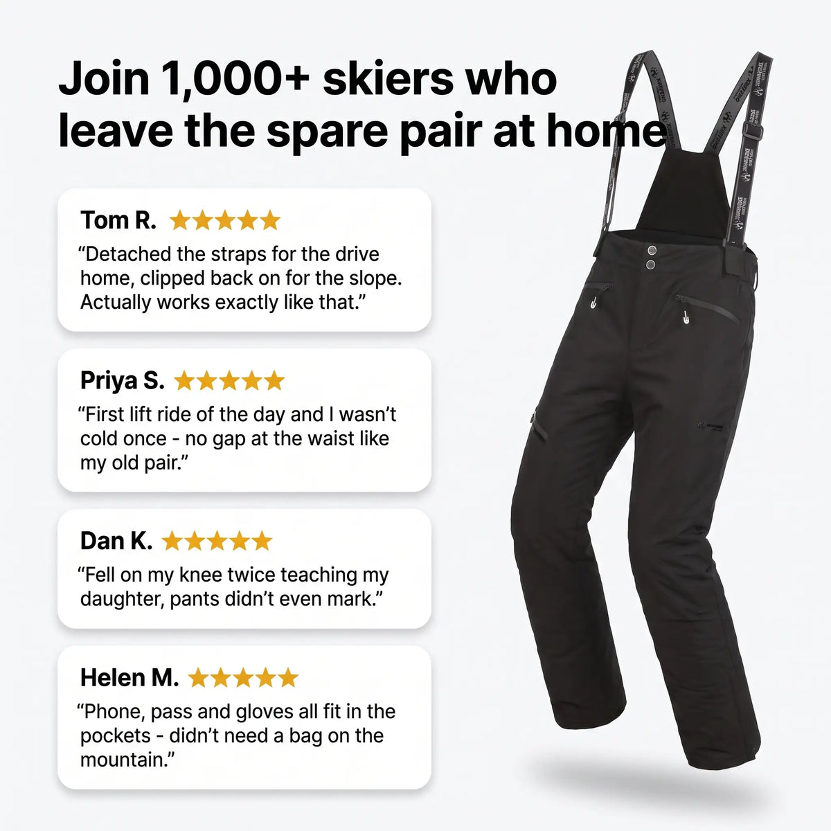 Men's Ski Trousers - Detachable Bib - Insulated Windproof Snowsports