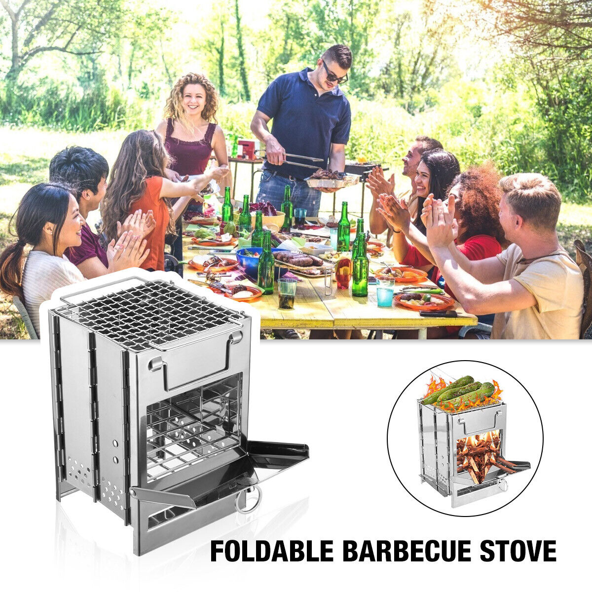 Portable Stainless Steel Wood Burning Camping Stove – Folding Picnic & BBQ Grill (Compact & Lightweight)
