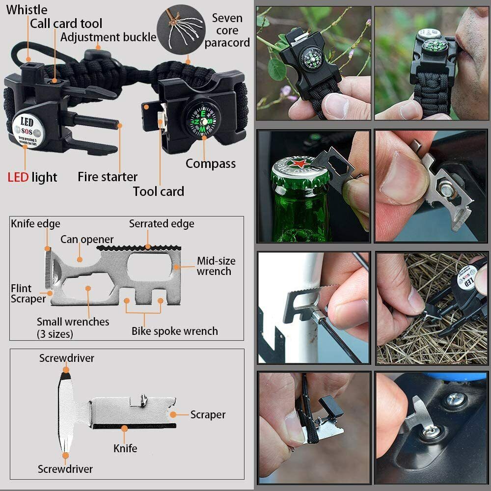 20-in-1 Survival Paracord Bracelet – Fire Starter, Compass, Whistle, Thermometer & Multi-Tool