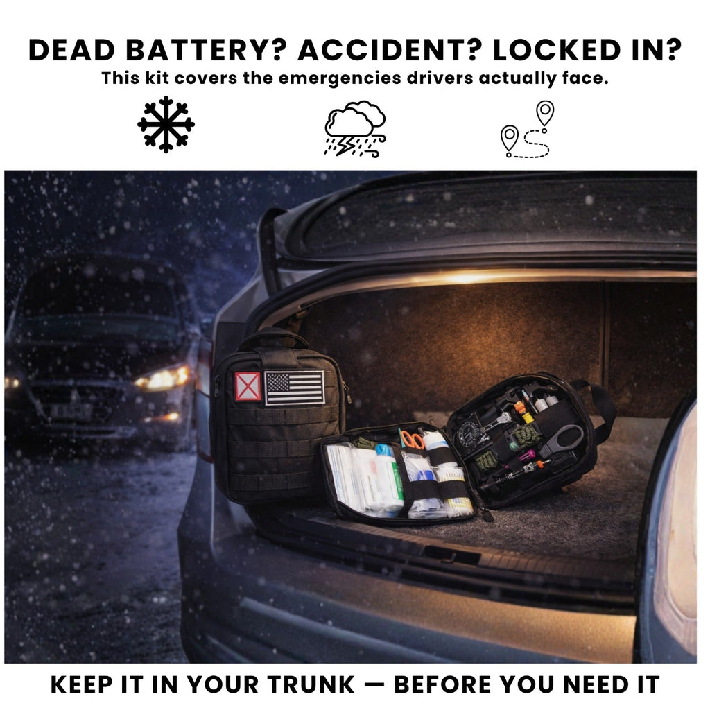 Car Emergency Kit Bundle – 1200A Portable Jump Starter + 256pc IFAK MOLLE First Aid Kit + Window Breaker & Seat Belt Cutter