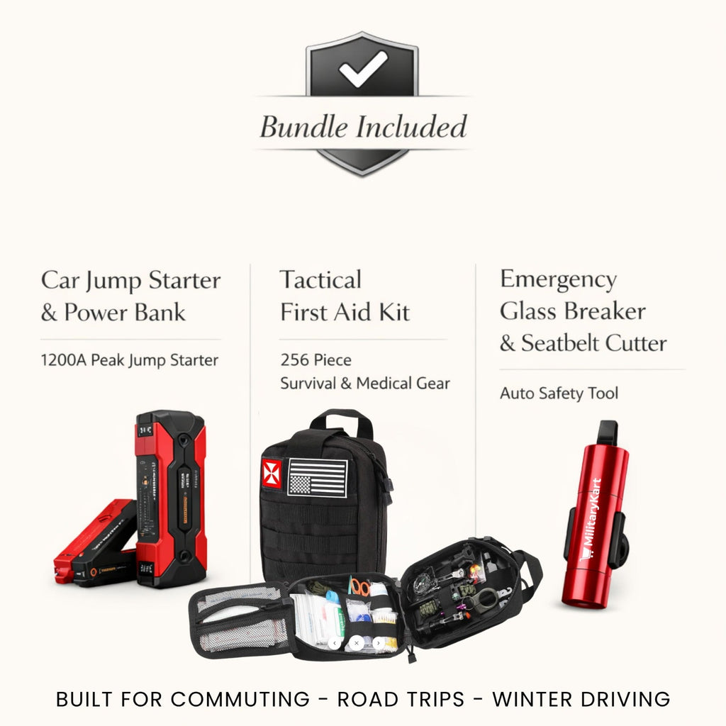 Car Emergency Kit Bundle – 1200A Portable Jump Starter + 256pc IFAK MOLLE First Aid Kit + Window Breaker & Seat Belt Cutter