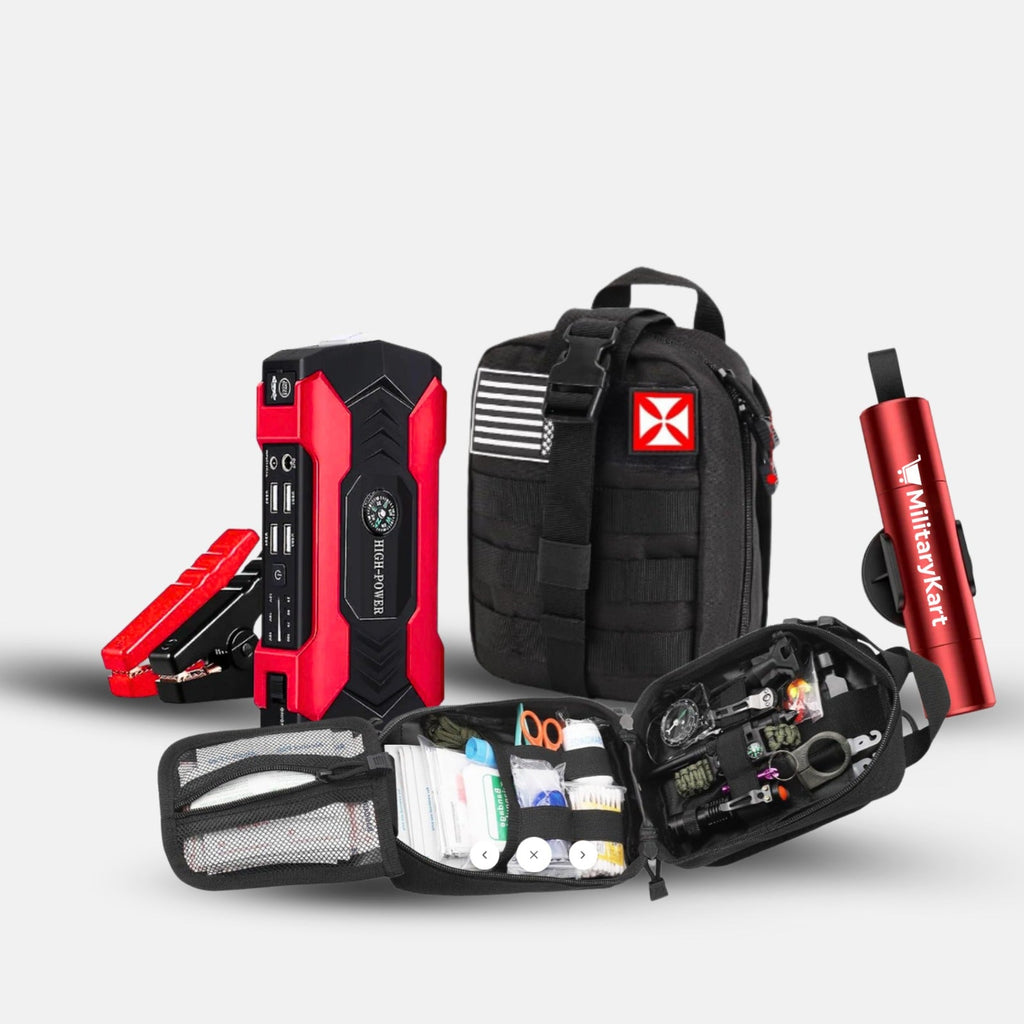 Car Emergency Kit Bundle – 1200A Portable Jump Starter + 256pc IFAK MOLLE First Aid Kit + Window Breaker & Seat Belt Cutter