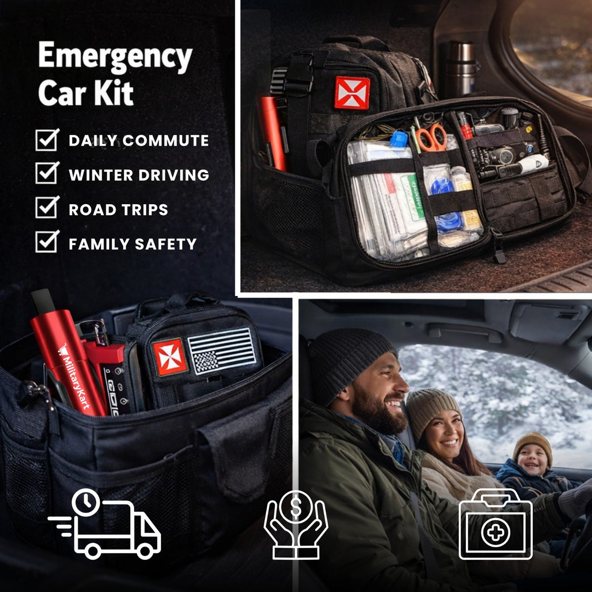 Car Emergency Kit Bundle – 1200A Portable Jump Starter + 256pc IFAK MOLLE First Aid Kit + Window Breaker & Seat Belt Cutter