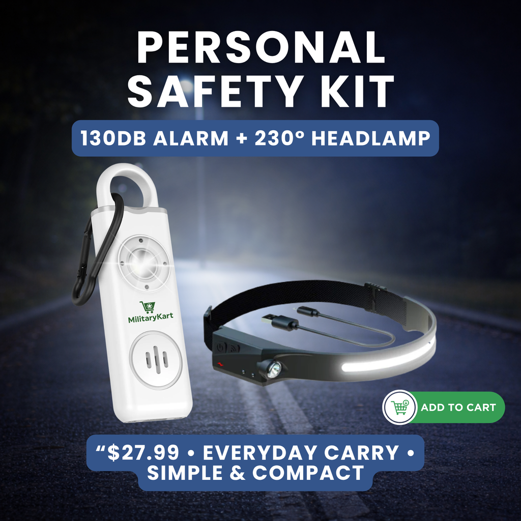 Personal Safety Kit – 130dB Alarm Keychain + 230° USB-C Headlamp (Motion Sensor, IPX4) – Night Walking Safety