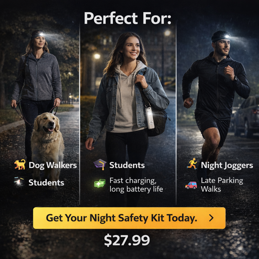 Personal Safety Kit – 130dB Alarm Keychain + 230° USB-C Headlamp (Motion Sensor, IPX4) – Night Walking Safety