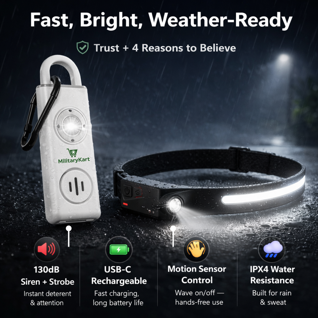 Personal Safety Kit – 130dB Alarm Keychain + 230° USB-C Headlamp (Motion Sensor, IPX4) – Night Walking Safety