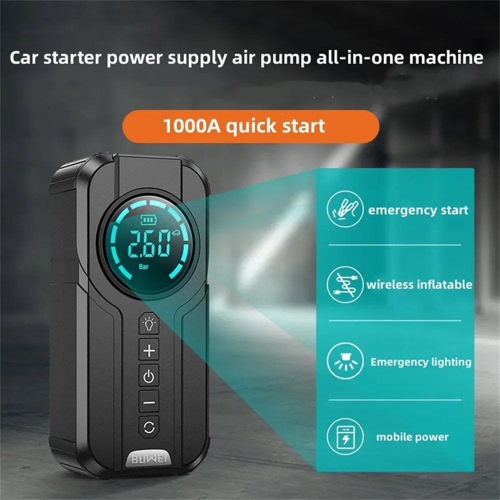 4-in-1 Car Jump Starter with Air Compressor, Power Bank & LED Flashlight – 1000A Peak Booster