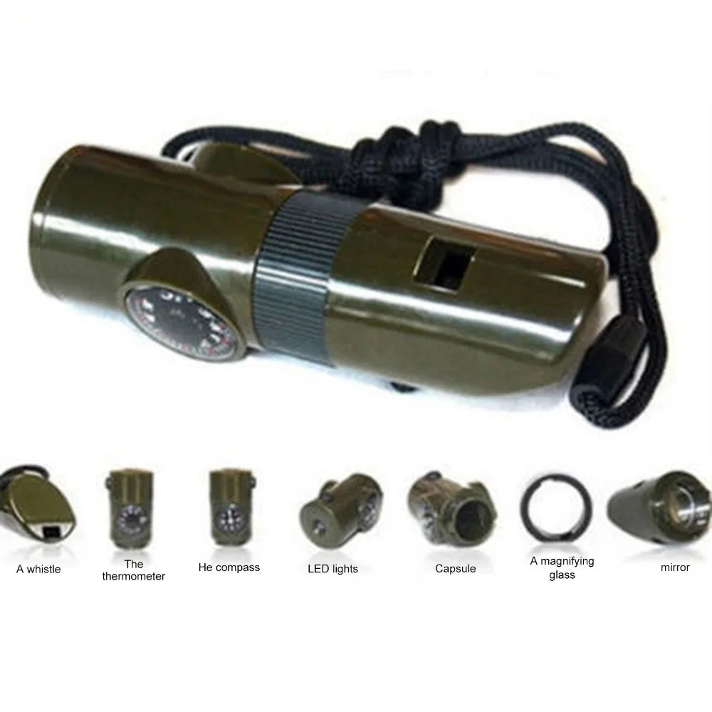 7-in-1 Emergency Survival Whistle – Multifunction Outdoor Survival Tool with Compass, LED, and Storage