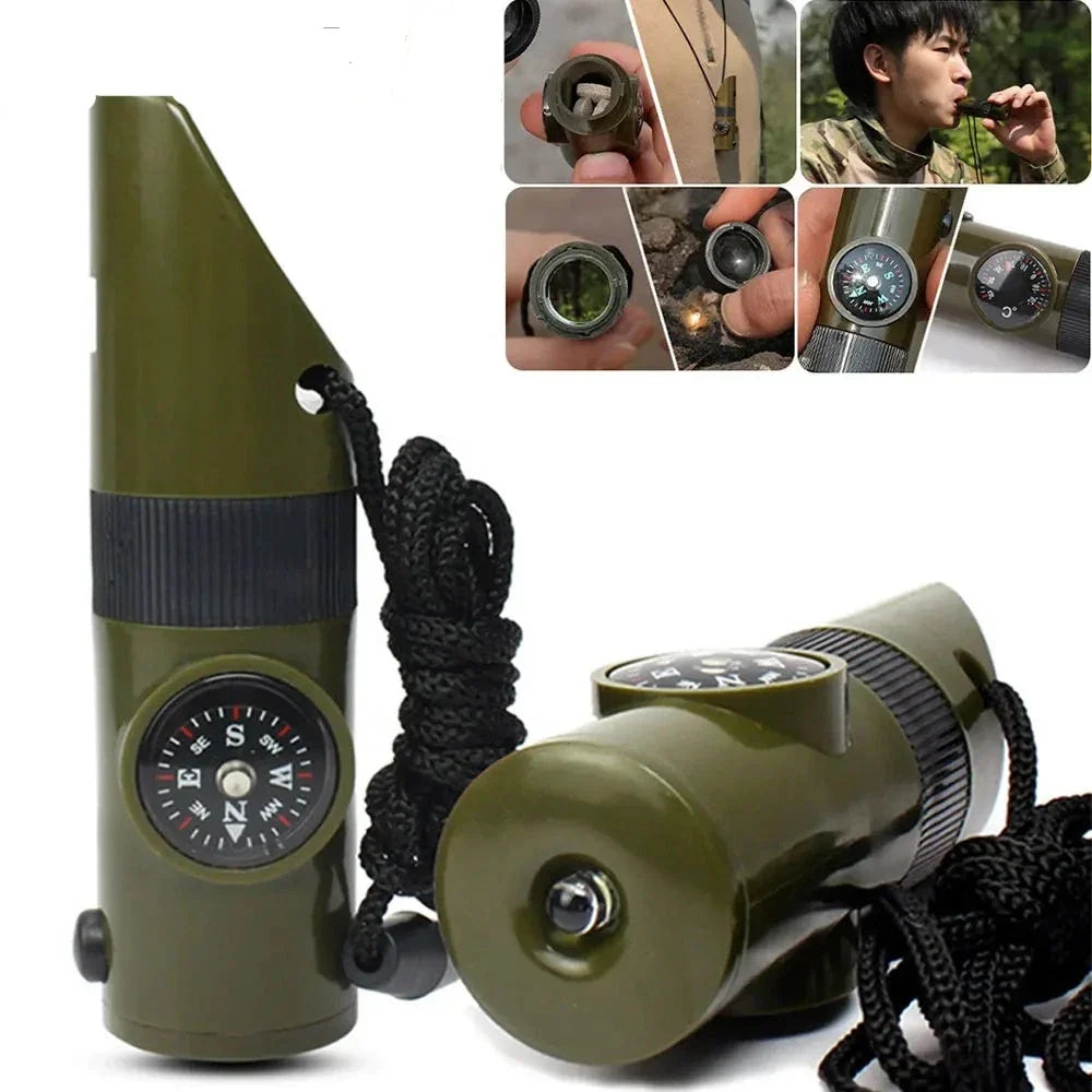 7-in-1 Emergency Survival Whistle – Multifunction Outdoor Survival Tool with Compass, LED, and Storage