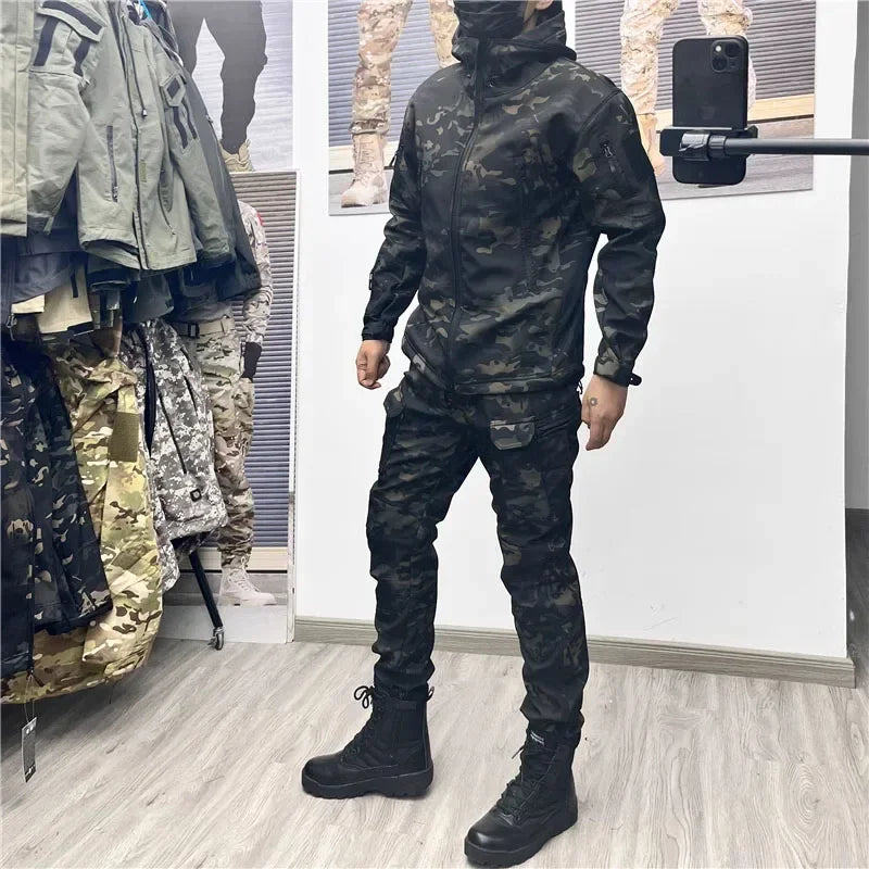 Men's Military Tactical Uniform Set - Hooded Soft Shell Hunting Jacket with Breathable Long Sleeve Shirt and Multi-Pocket Cargo Pants - Unisex
