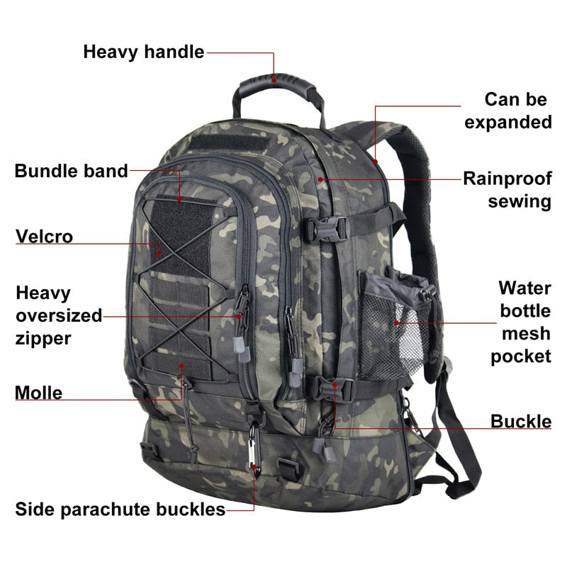 60L Military Tactical Backpack – Expandable Waterproof Outdoor Rucksack for Camping, Hiking & Travel |
