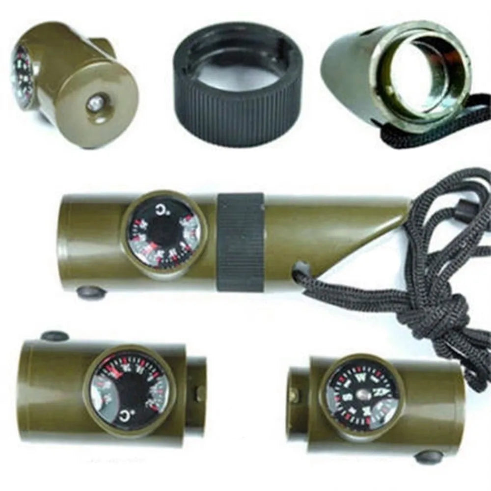 7-in-1 Emergency Survival Whistle – Multifunction Outdoor Survival Tool with Compass, LED, and Storage